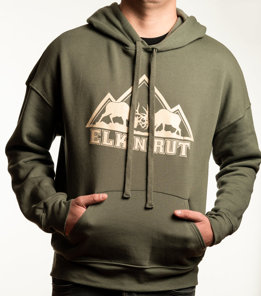 The Full Rut Elk Hoodie - Military Green with Khaki Design